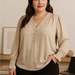 Beige V Neck Smocked Bishop Sleeves Ruffled Cuffs Blouse Women Plus Size 3XL